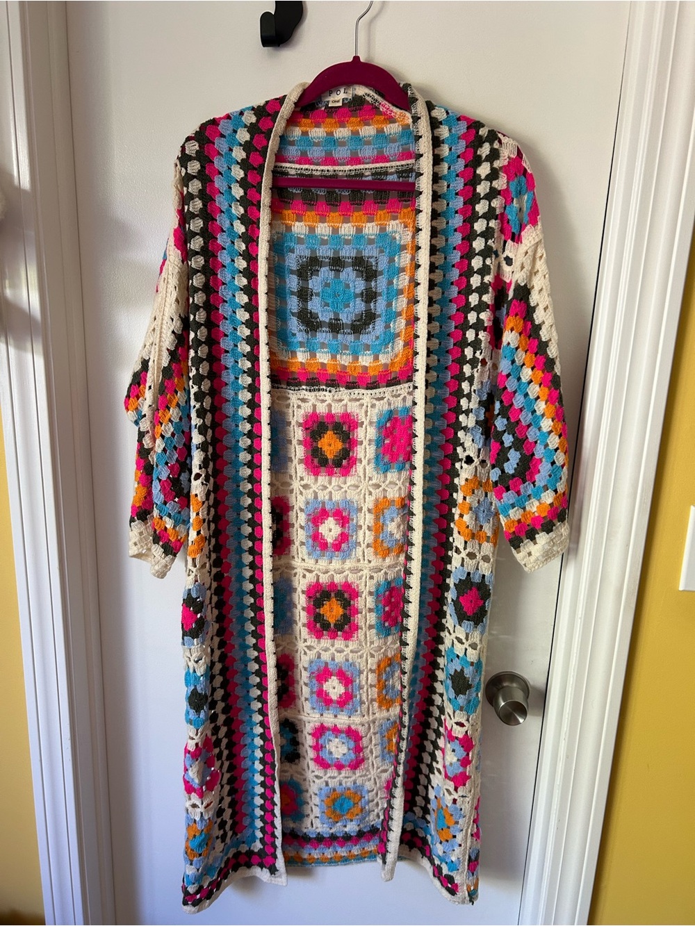 POL Granny Square Crocheted  Duster Multicolor  - Pink, Orange, Blue, Cream
